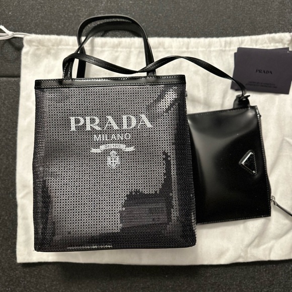Authentic PRADA  Logo Print Sequin Tote Bag in Black - Picture 1 of 13